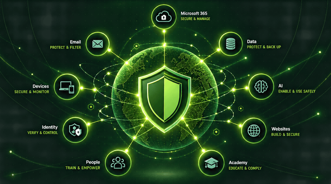 Diagram showing EquaProtect protecting email, devices, identity, Microsoft 365, data, AI, websites and training