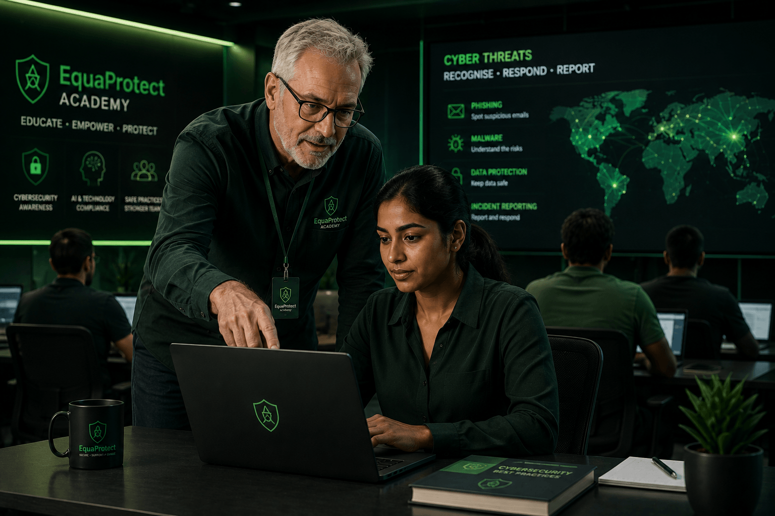 An EquaProtect Academy trainer guiding a team member through cybersecurity training, with a wall display covering phishing, malware, data protection, and incident reporting