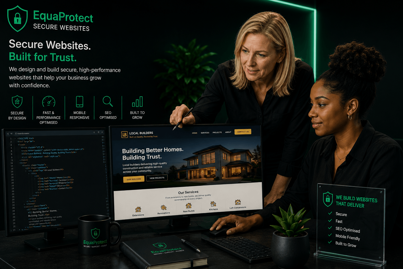 EquaProtect team reviewing a secure, fast, mobile-responsive, SEO-optimised website build for a client, with a checklist of security and performance features